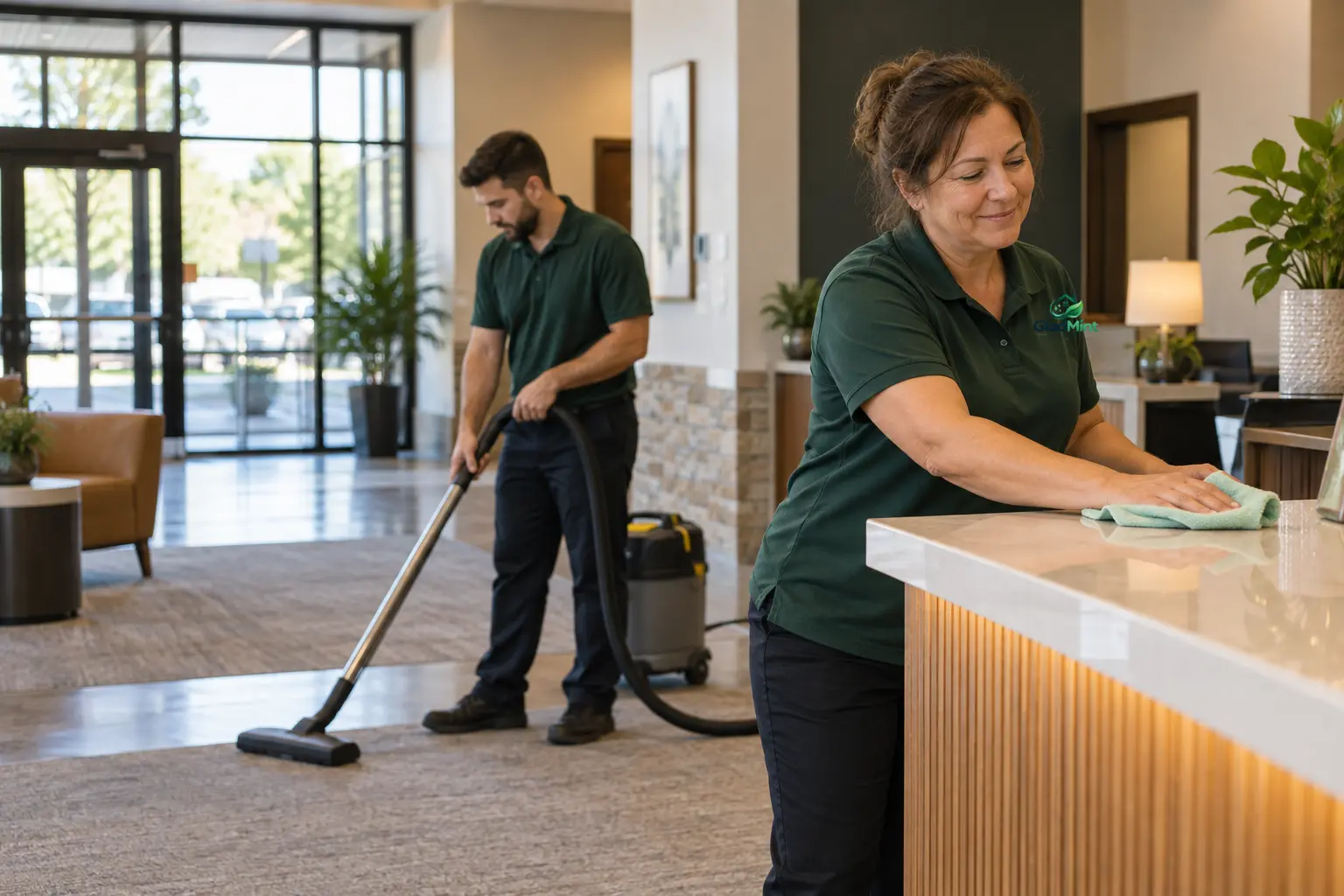 Cleaning professional working in a realistic commercial cleaning setting