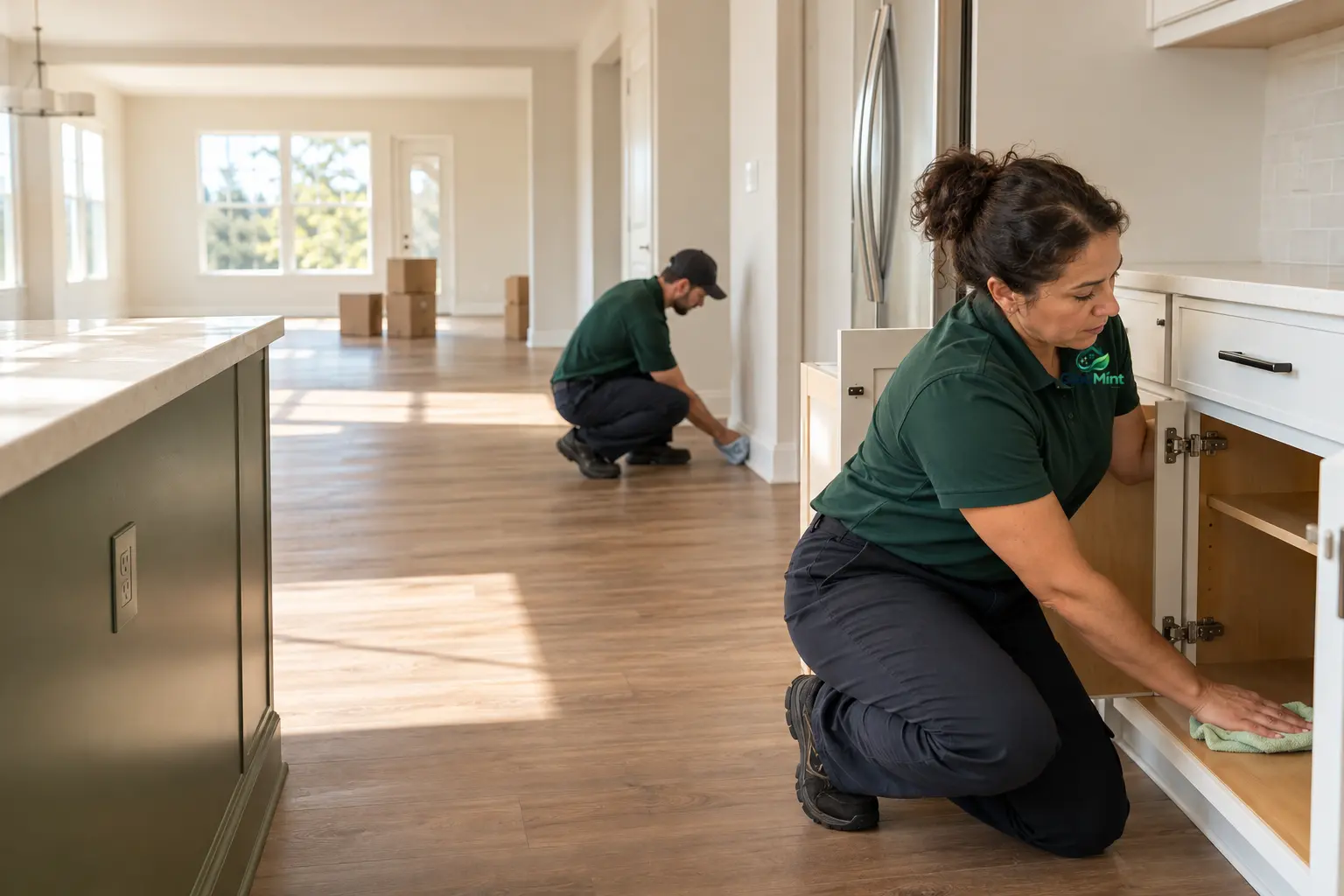Cleaning professional working in a realistic move-out cleaning setting