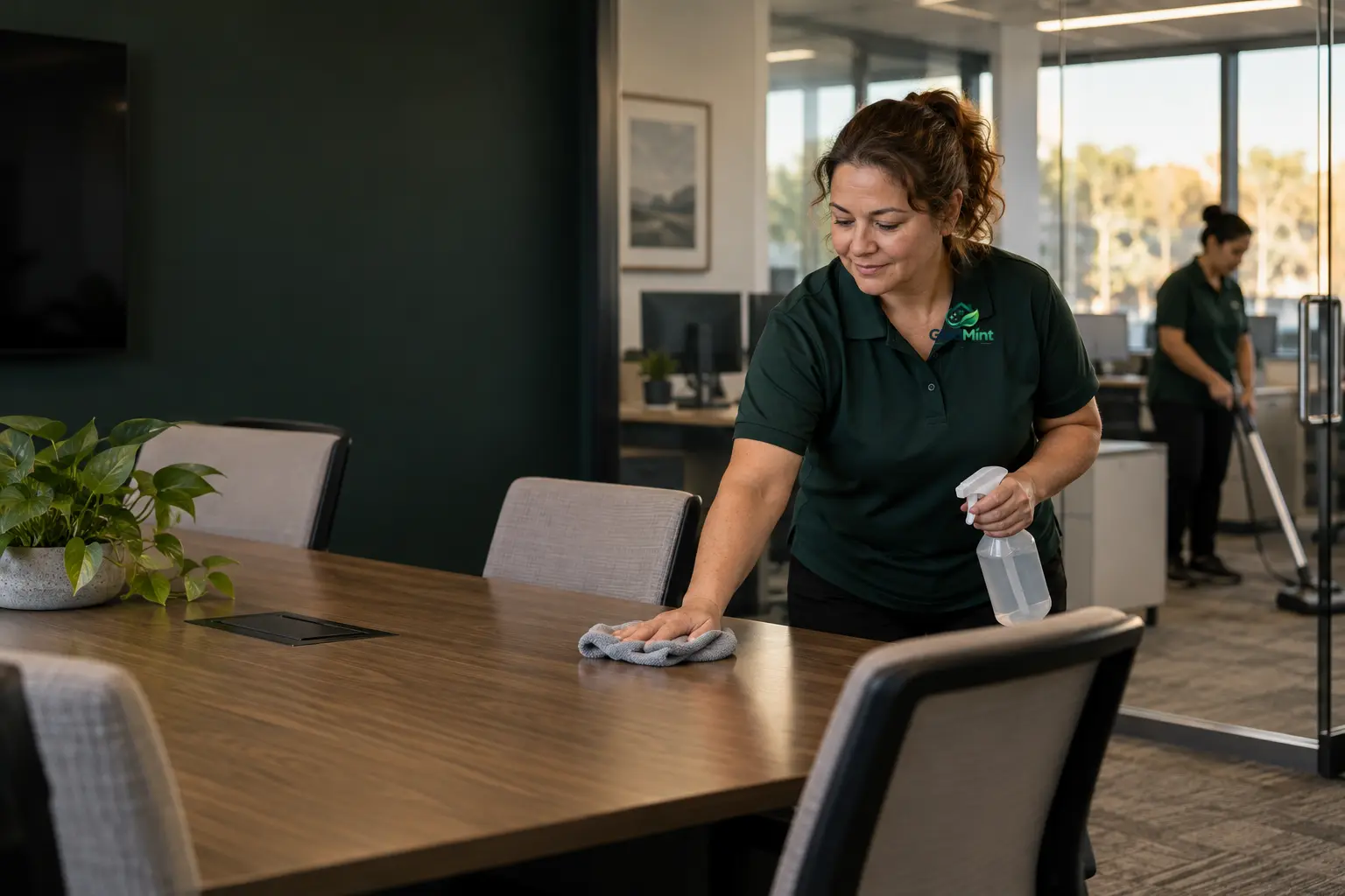 Cleaning professional working in a realistic office cleaning setting